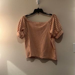 NWT Loft Off-The-Shoulder Orange Checkered Billowy Farmhouse Shirt